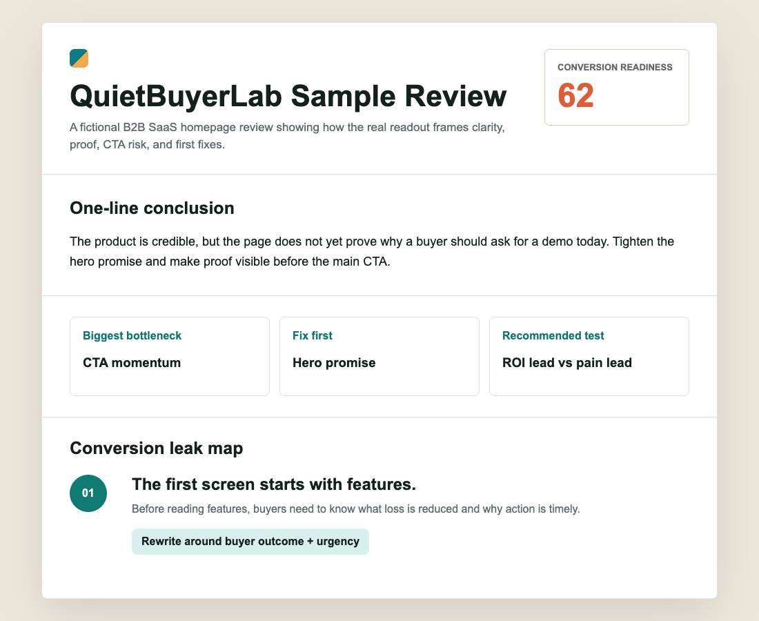 QuietBuyerLab sample homepage conversion report full-page preview